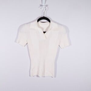 Jacquemus Ribbed Knit Stretch Open Back Collared Short Sleeve Sweater White XS